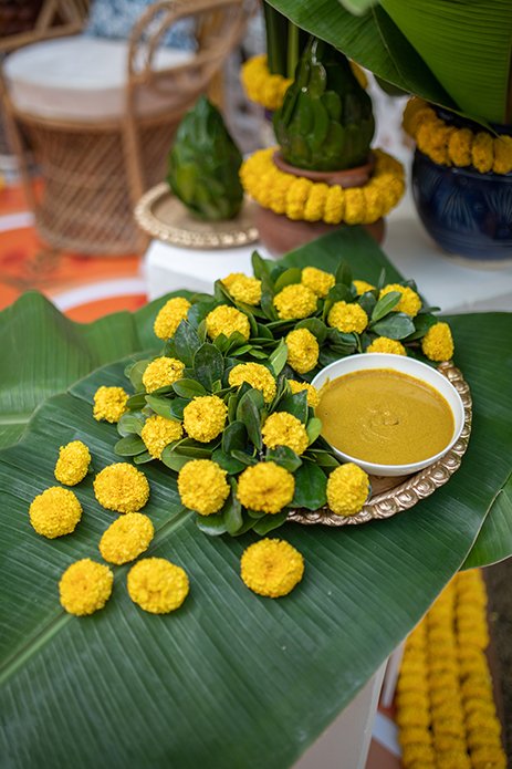 Marigolds and turmeric for a haldi ceremony